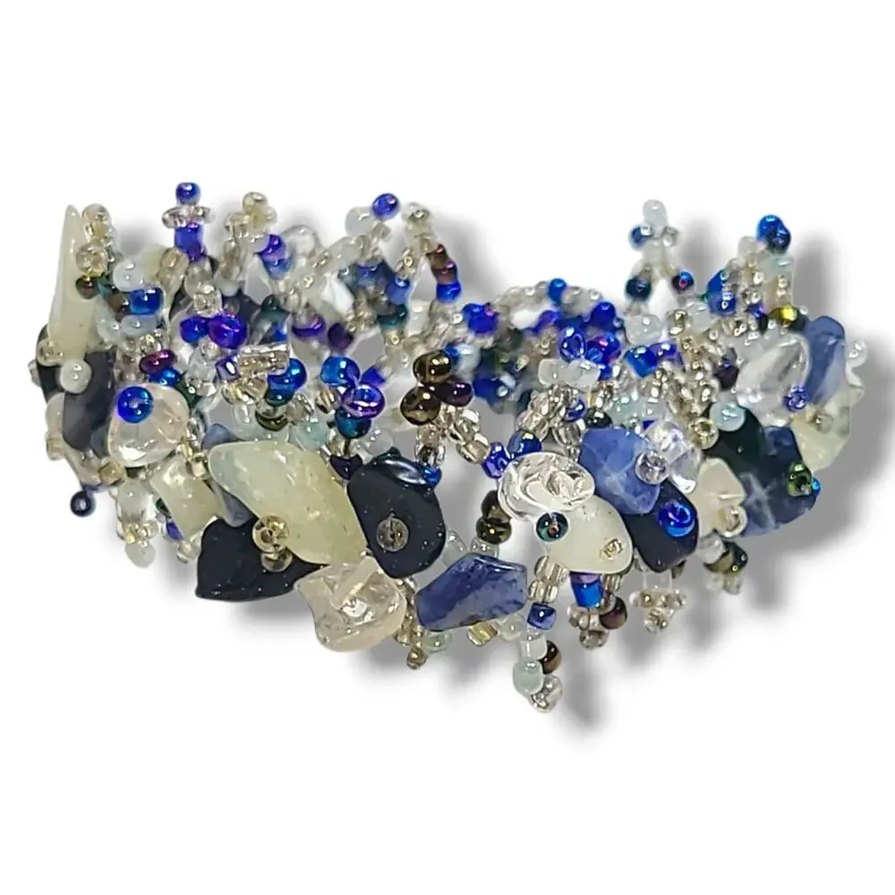 Blue & White Glass‎ Bead Woven Wide Cuff Wrap Bracelet 7
